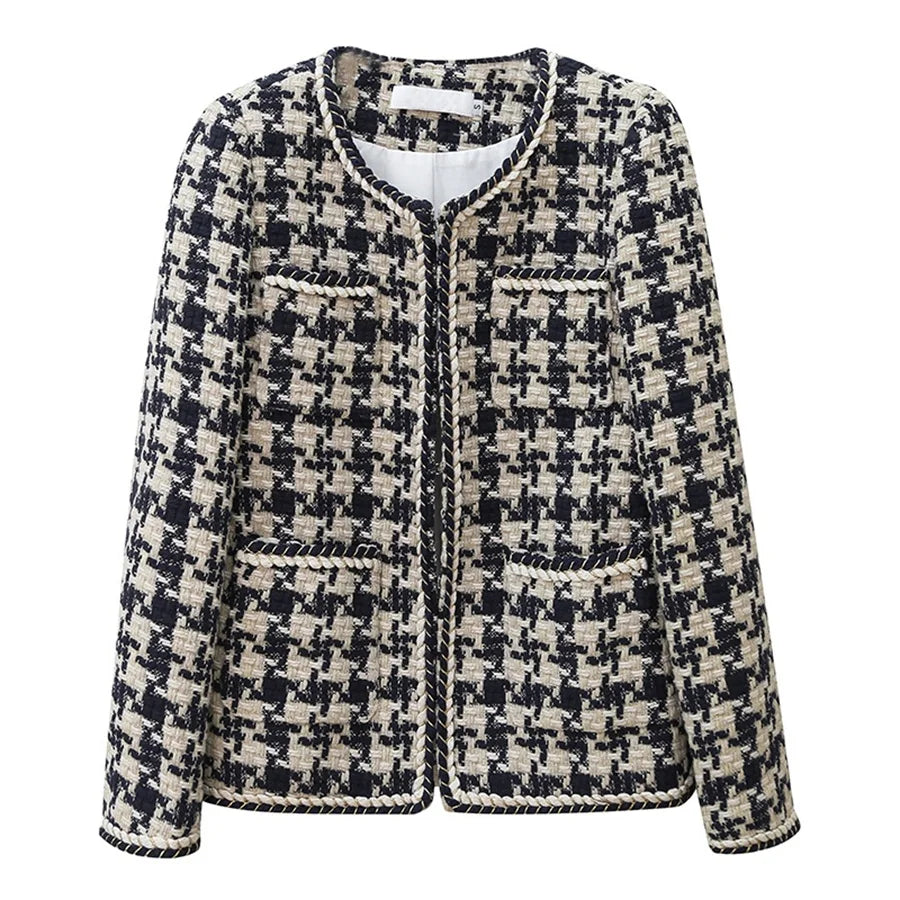 Coat Women's Autumn and Winter New Fashion Versatile Slim Thousand Bird Plaid Thick Tweed Top
