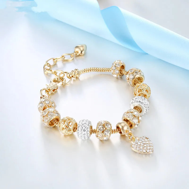 Wholesale Gold Snake Chain Austrian Crystal Beads Heart Pendant Women Charm Bracelet Jewelry
