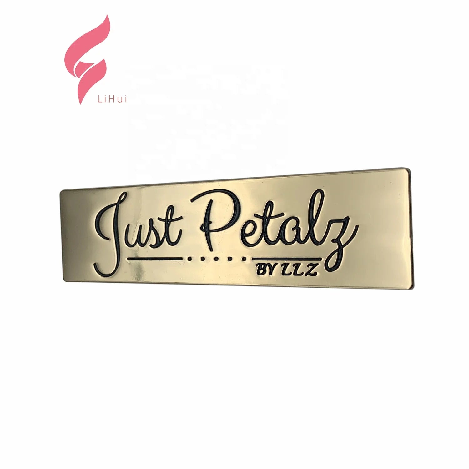 Custom Fashion Design Handbag Tags Logos Zinc Metal Gold Letter Pattern Embossed Engraved Handbag Metal logo with Black Letters