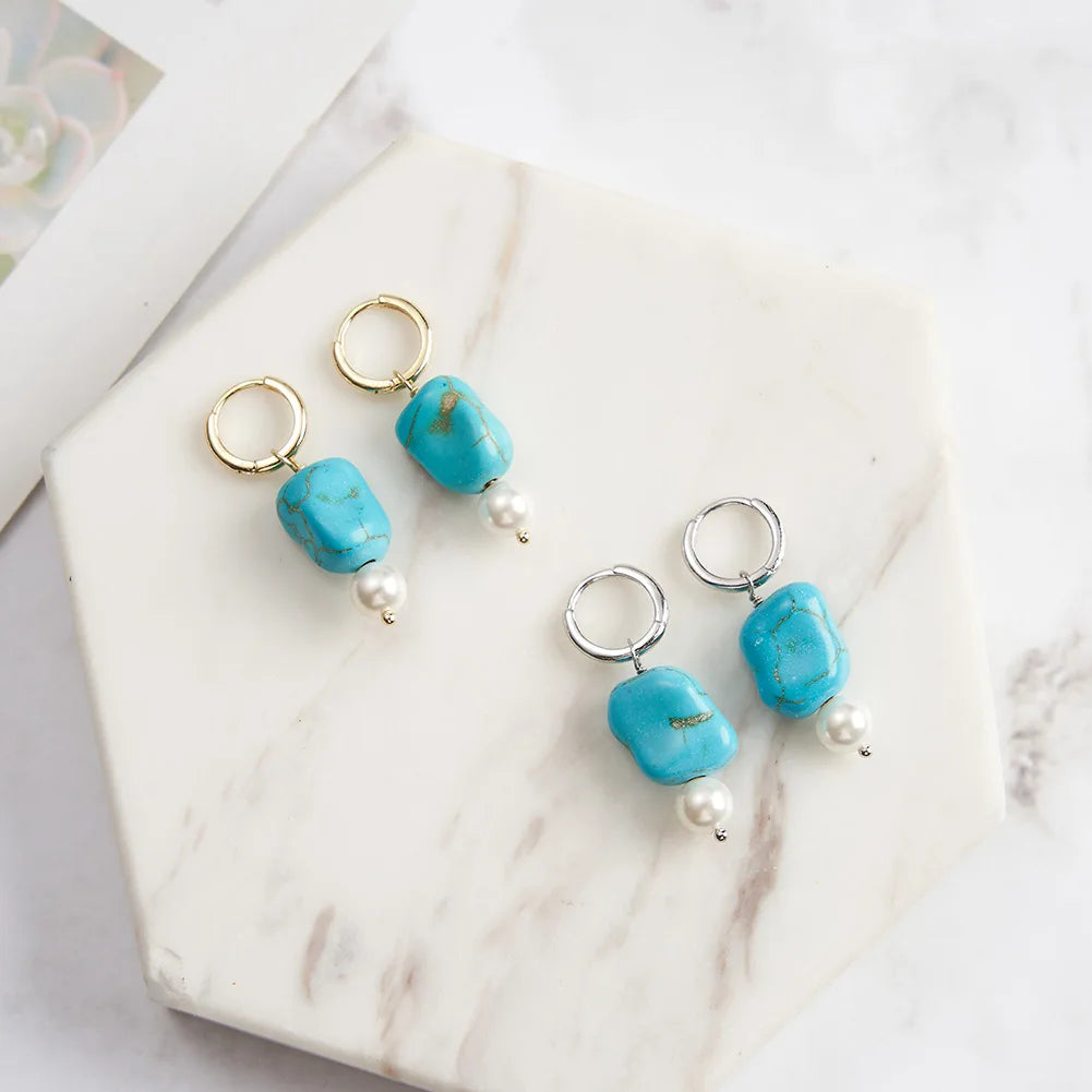 RINNTIN GME50 New Fashion Fine Jewelry S925 Sterling Silver Turquoise Hoop Earring White Shell Pearl Hoop Earrings for Ladies