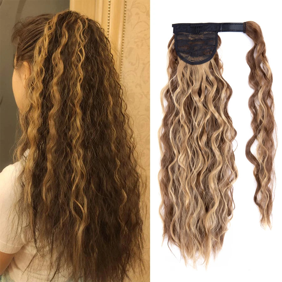 Hot Selling 22inch Corn Wavy 100g Magic Tape Wrap Around Body Curl Pony Tail Clip in Hair Ponytail for Girl
