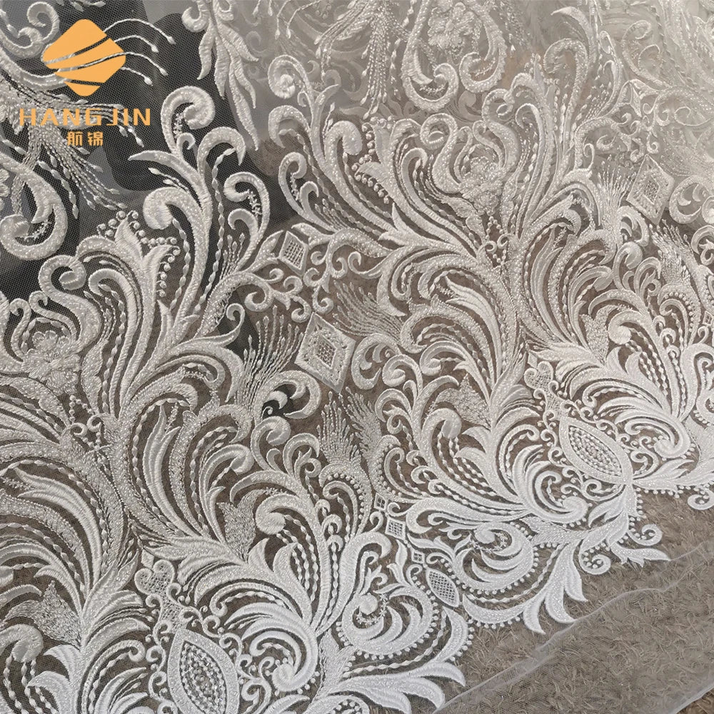3D Beaded Lace Embroidery Tulle Mesh Fabric Wedding Dress Fabric Bridal Veils Lace Tulle Embroidered Tulle Fabric