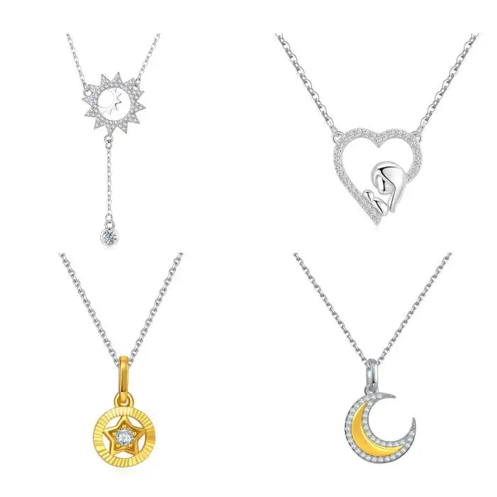 Qings Jewelry 925 Sterling Silver Platinum Plated Trendy Link Chain Moon Star Necklace for Mothers' Day Wedding Engagement Gift