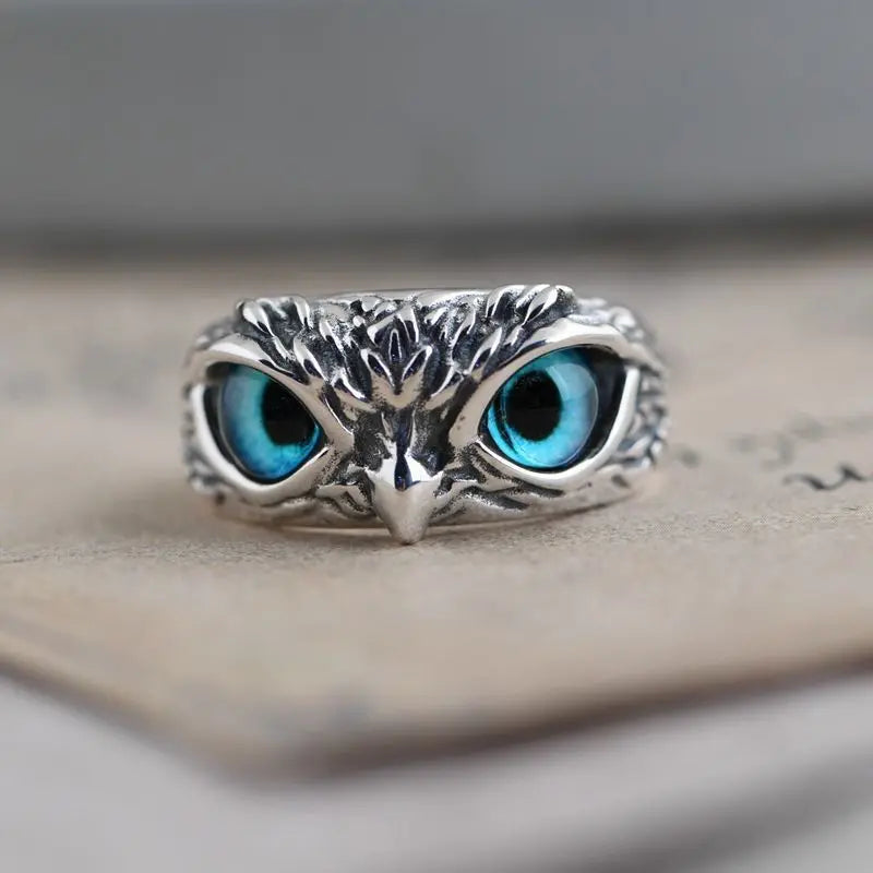 Vintage Gothic Animal Open Adjustable Owl Eye Punk Ring Couple Blue Eyes Owl Ring