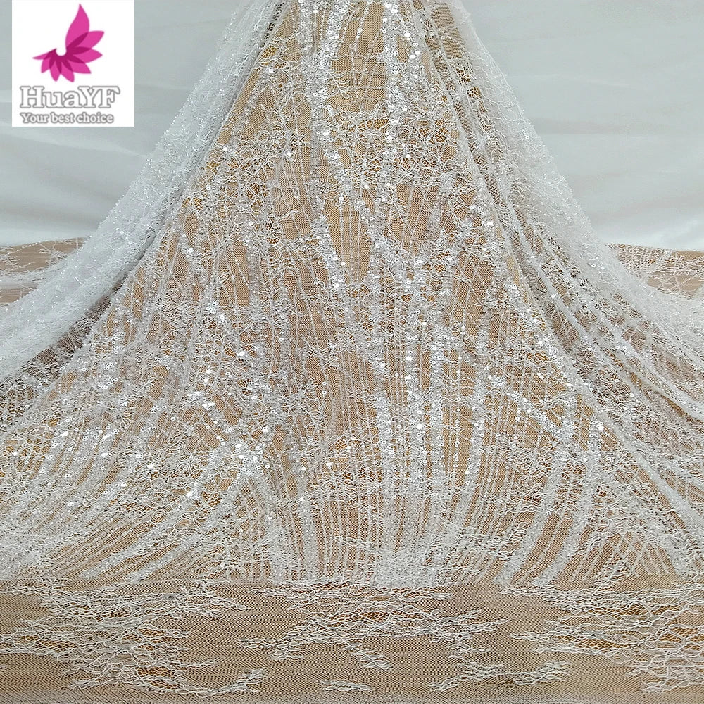 Elegant Dubai Pure White Chantilly Lace With Beads Lady Dress Lace Fabric Luxury Lace Fabric Factory HY2966
