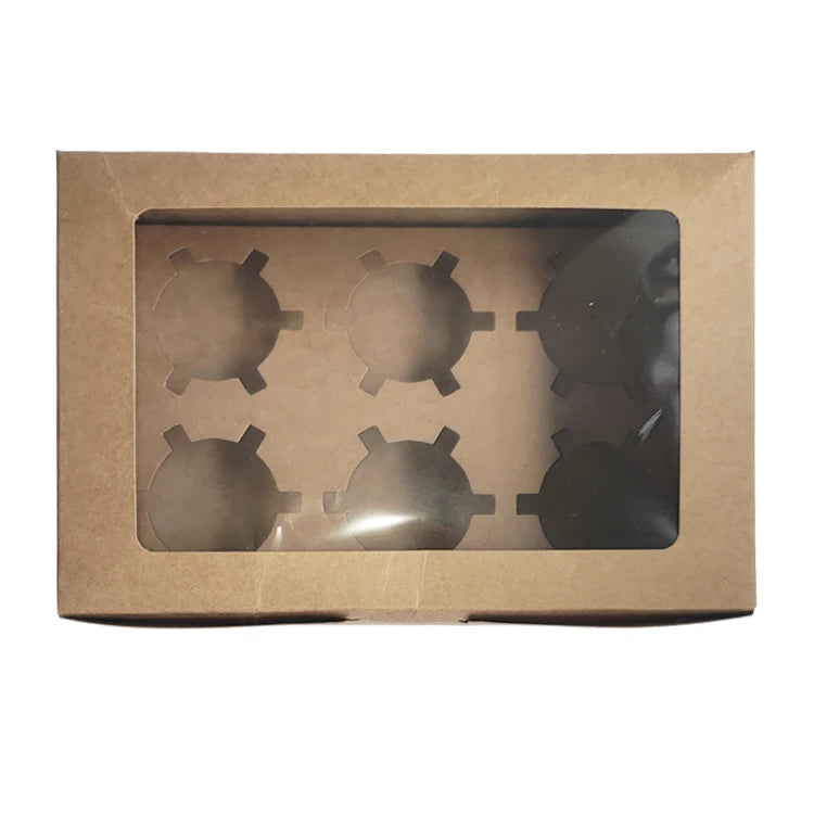 Recyclable Foldable Kraft Paper Cake Food 6 Holes Brown Rectangle Packaging Box Cupcake Boxes