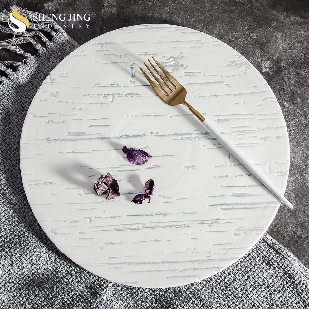 Modern Crockery White Matte Embossed Ceramic Round Flat Pizza Tray Plate Porcelain Stoneware