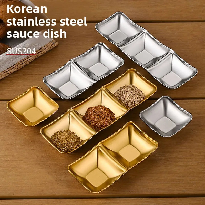 Japandi 304 Stainless Steel Seasoning Dish 3 Compartment Hot Pot Dipping Bowl Soy Sauce Barbecue Sushi Vinegar Condiment Tray