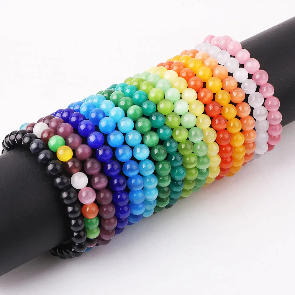 New Fashion 8mm Cat Eye Bracelet Women Opal Glass Beads Elastic Bracelet Simple Plain Stone Rainbow Bracelet JBS12641
