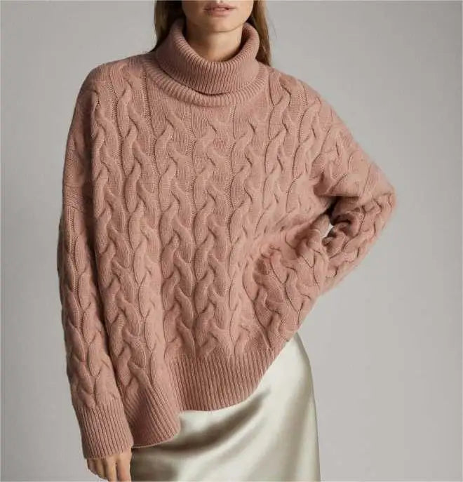 2026 OEM Supplier Custom Women Turtleneck Cable Knit Chunky Pullover 100% Merino Wool Cotton Blend Sweater for Ladies