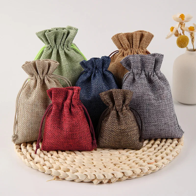 Wholesale String Gift Wrapping Linen Bags Mini Linen Muti-size Custom Packing Pink Jewelry Packaging Burlap Pouches Drawstring
