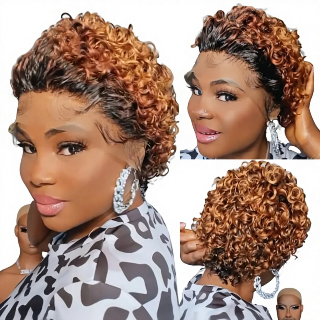 FH Pixie Wigs Human Hair Transparent Lace Frontal Ombre Brown Color Short Pixie Cut Curly Wig for Black Women