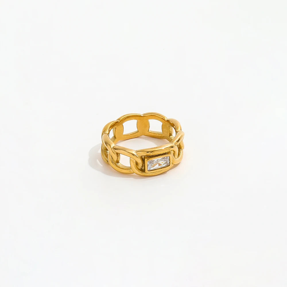 Joolim Stone Not Fall 18K Gold Plated Link Chain CNC Rectangle Zirconia Stainless Steel Chunky Band Statement Stainless Steel Ri
