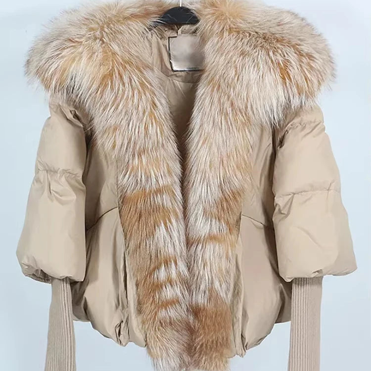 OFTBUY Real Fox Fur Trim Down Jacket Women Oversized Lantern Sleeve Puffer Coat Wholesale OEM Custom Low MOQ Fast Ship Winter