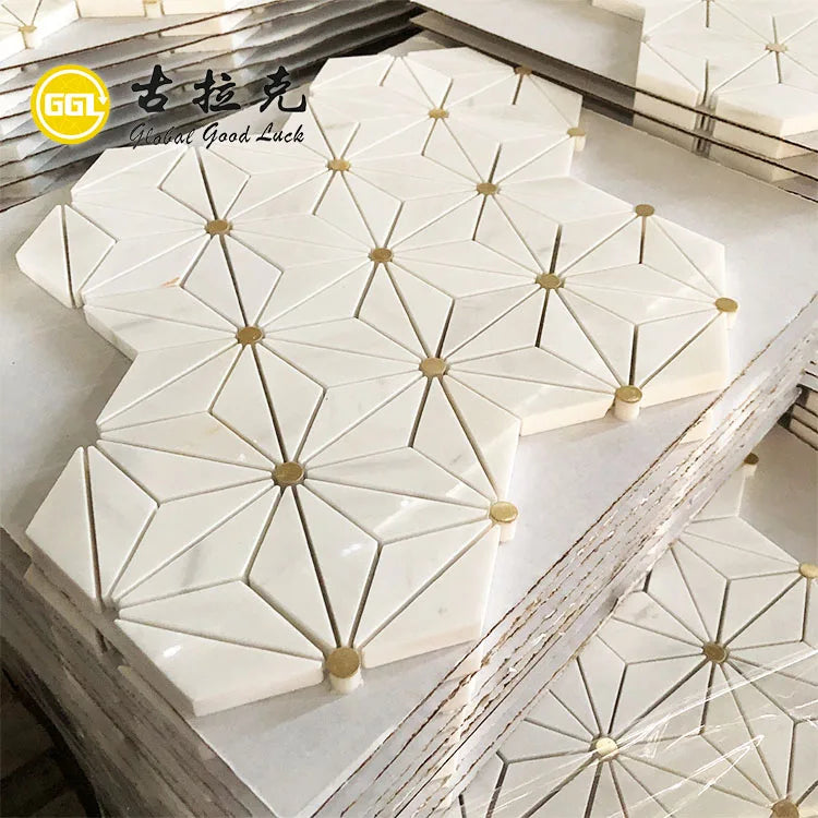 Star Shape White Marble and Brass Layin Mosaic Tile 10mm Thick Modern Parquet Design for Apartment Wall Decoration