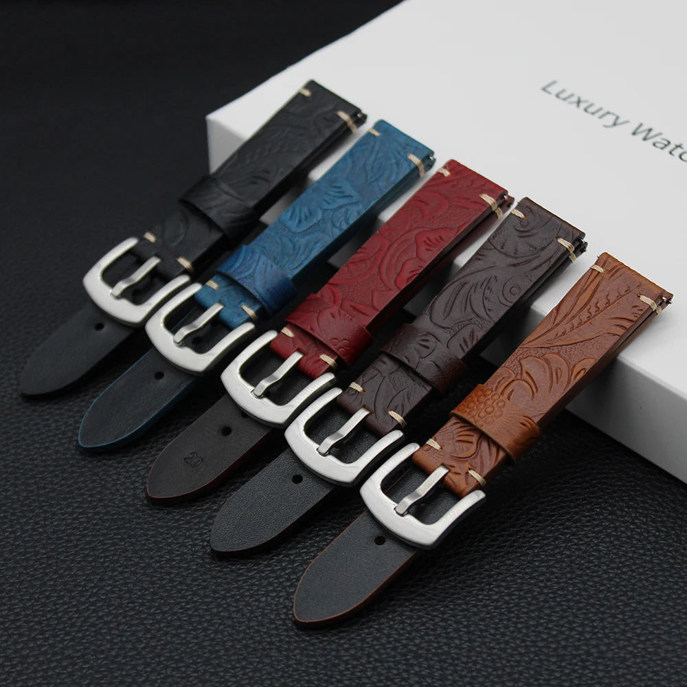 Embossed Flower Decorative Pattern Top Grain Leather Watchband Retro 20mm 22mm Genuine Leather Watch Strap for Vintage Watch