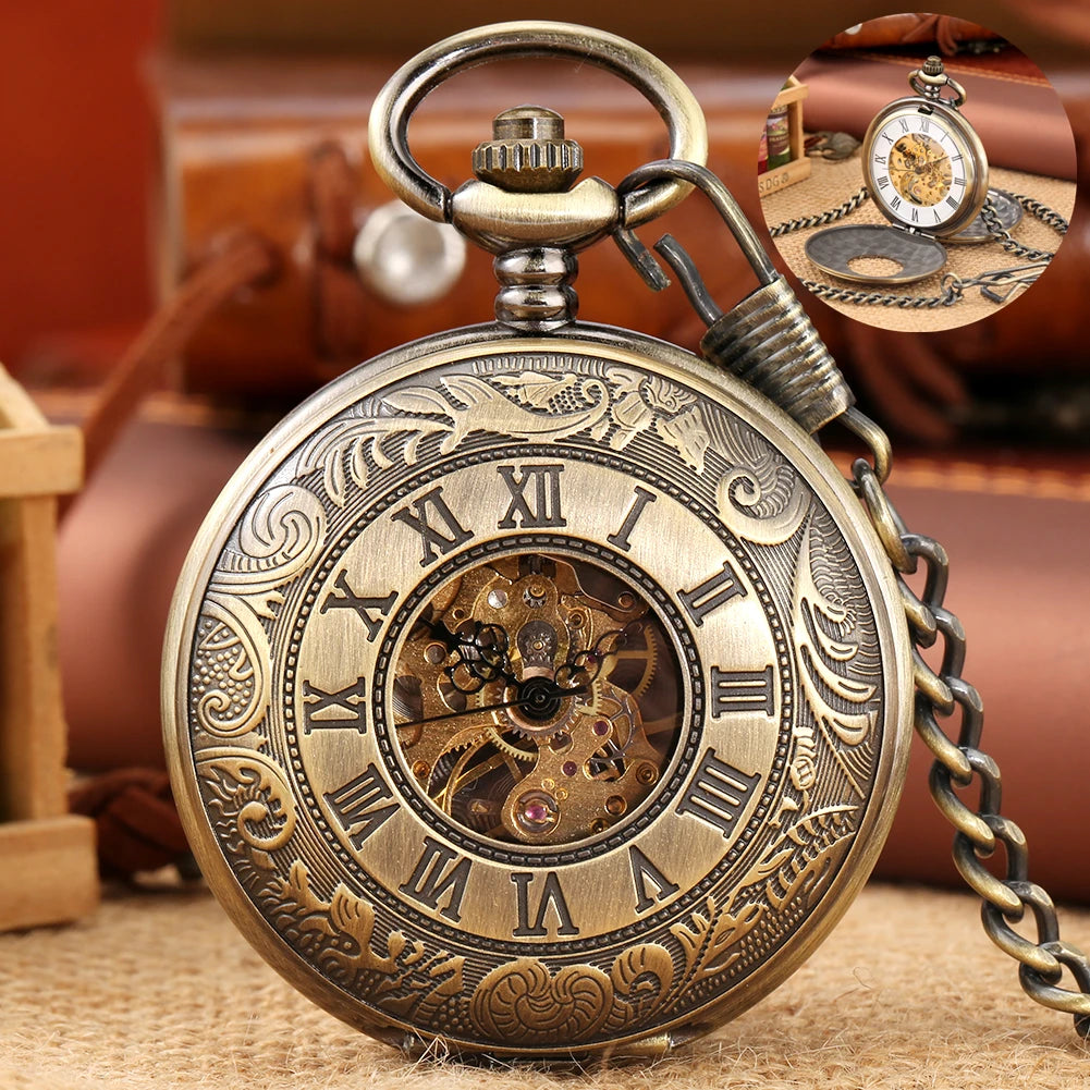 Vintage Roman Style Double Hunter Steampunk Mechanical Pocket Watch with Chain Two Opening Skeleton Locket Watch for Men Gift