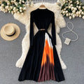 Autumn Winter Retro Print Pleated Dress Women Elegant Knitted Gradient Patchwork Long Sleeve OL Midi Dress With Belt 9986#