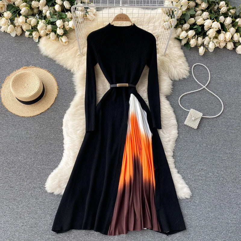 Autumn Winter Retro Print Pleated Dress Women Elegant Knitted Gradient Patchwork Long Sleeve OL Midi Dress With Belt 9986#