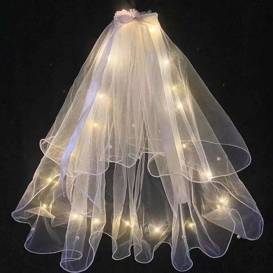 Handmade Mantilla Veil With Bowknot Beads and LED Lights for Promotional Party Supplies