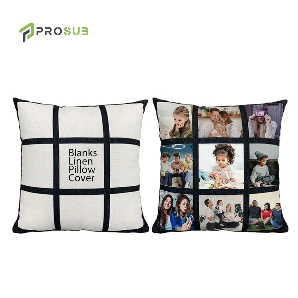 Prosub Wholesale 40*40cm 9 Panel Linen Sublimation Blank Pillow Covers With Zipper 16*16in Custom Photo Sublimation Pillow Case