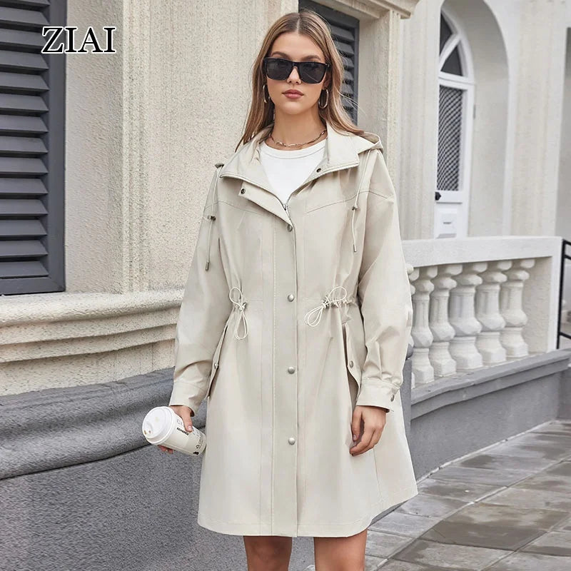 Women Long Ladies Trench Coat Hooded Single Breasted Fashion Waist Trench Coat