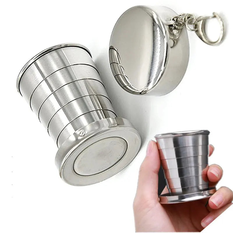 75ml Small Mini Stainless Steel Camping Mug Portable Folding Cup Outdoor Travel Demountable Collapsible Cup With Keychain