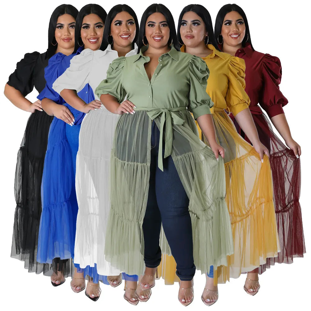 2023 New Style Lapel Solid Color Dresses Summer Fashion Mesh Plus Size Top Shirts Dress for Women