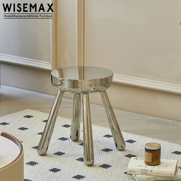WISEMAX FURNITURE Minimalist Living Room Furniture Round Silver Stainless Steel Frame 4 Legs Ottomans for Home