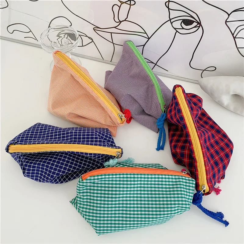 Fashion Plaid Cosmetic Travel Bag Cotton Fabric Wholesale Travel Makeup Cosmetic Bags Zipper Pouch Japan Style