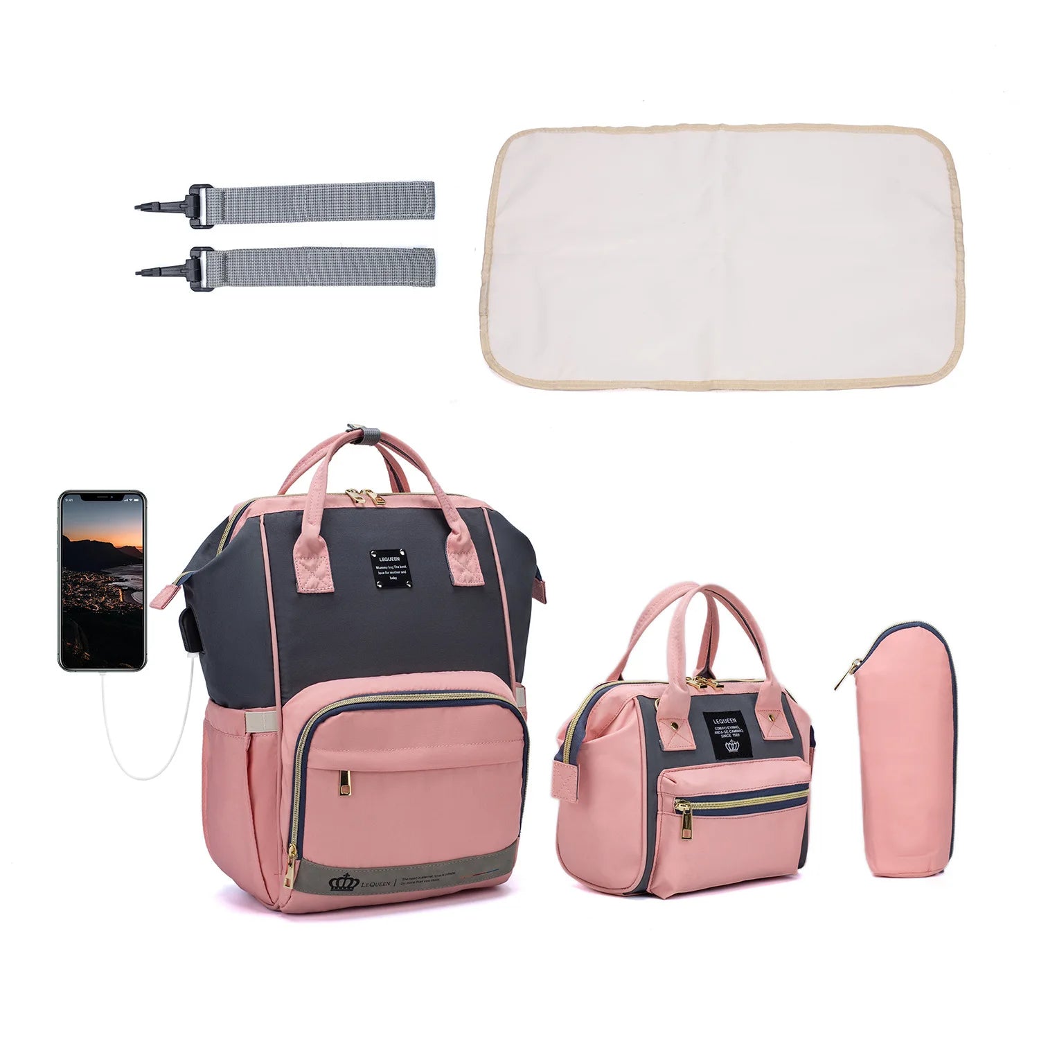 USB Rechargeable Travel Backpack Set Insulated Bottle & Diaper Bag for Mommy & Baby On-the-Go