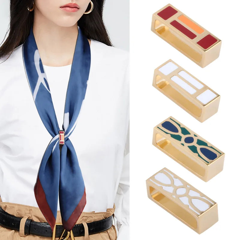 Jachon Creative Enamel Silk Scarf Ring Clip for Women 14K Gold High-quality Horse Buckle Women's Brooch Zircon Scarf Ring Clip