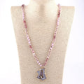 Fashion Bohemian Jewelry 6mm Necklace Pic Jasper  Pink Natural Stone Crystal Glass Knotted Irregular Druzy Pendant Necklace