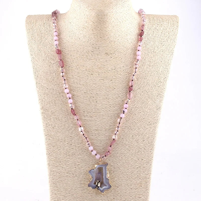 Fashion Bohemian Jewelry 6mm Necklace Pic Jasper  Pink Natural Stone Crystal Glass Knotted Irregular Druzy Pendant Necklace