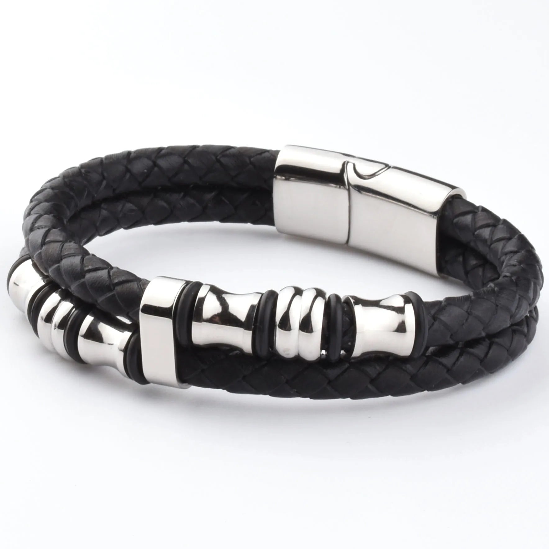 Europe Style Unisex Men's 316L Stainless Steel Clasp Black Leather Bracelet Hot Selling Fashion Charm Bracelets