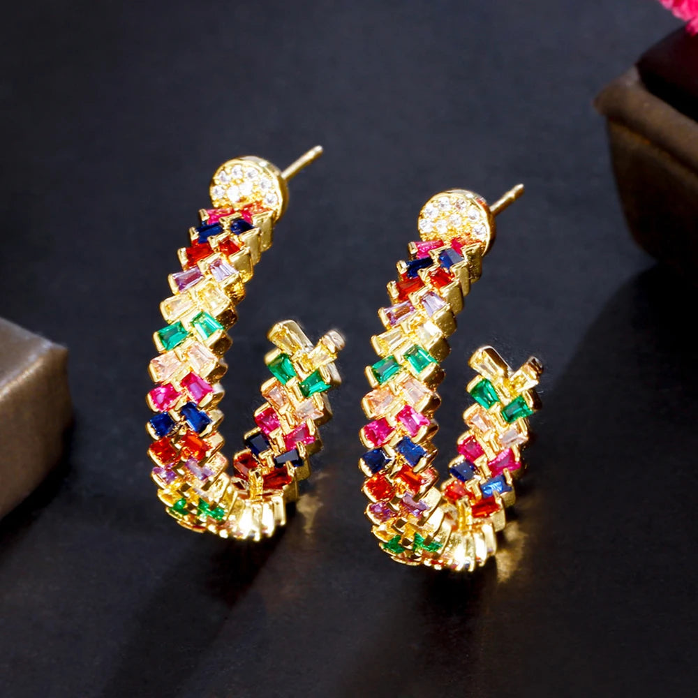 Trend Brilliant Colorful Cubic Zirconia Stone Half Round Brazilian 18k Gold Plated Women Circle Hoop Earrings Bohemian Jewelry