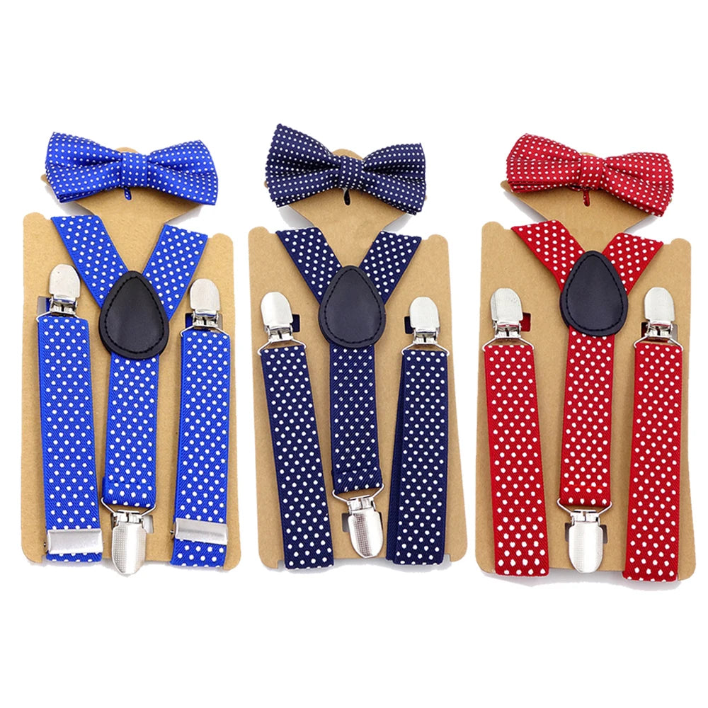 Boys Girls Suspenders Set 2.5cm Y-Shape Polka Dots Baby Kids Suspender Bowtie Set for Children Wedding Bowties Black Braces Belt