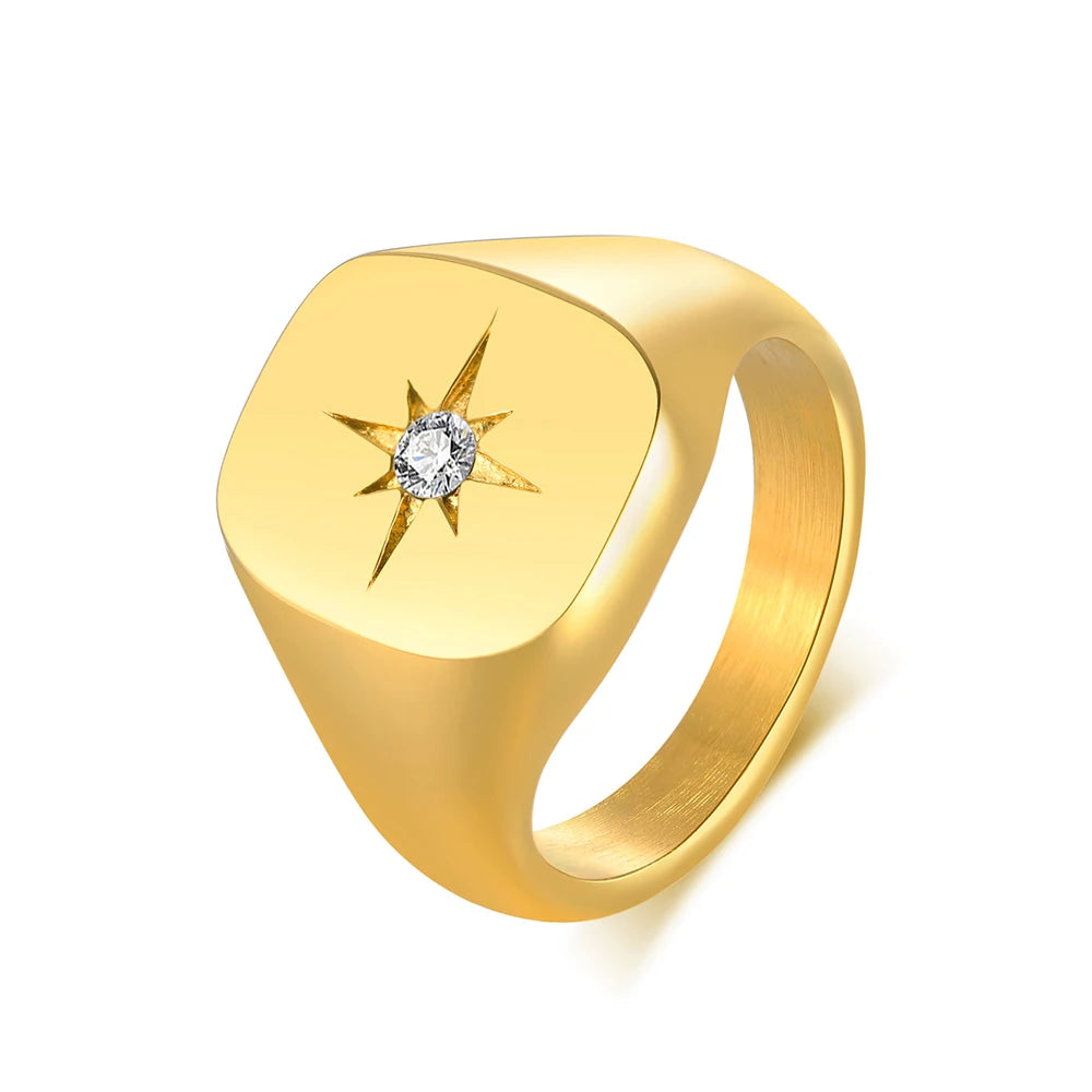 14mm Light Luxury Cast Gold with Single Zircon Octagon Star Geometric Stainless Steel Ring