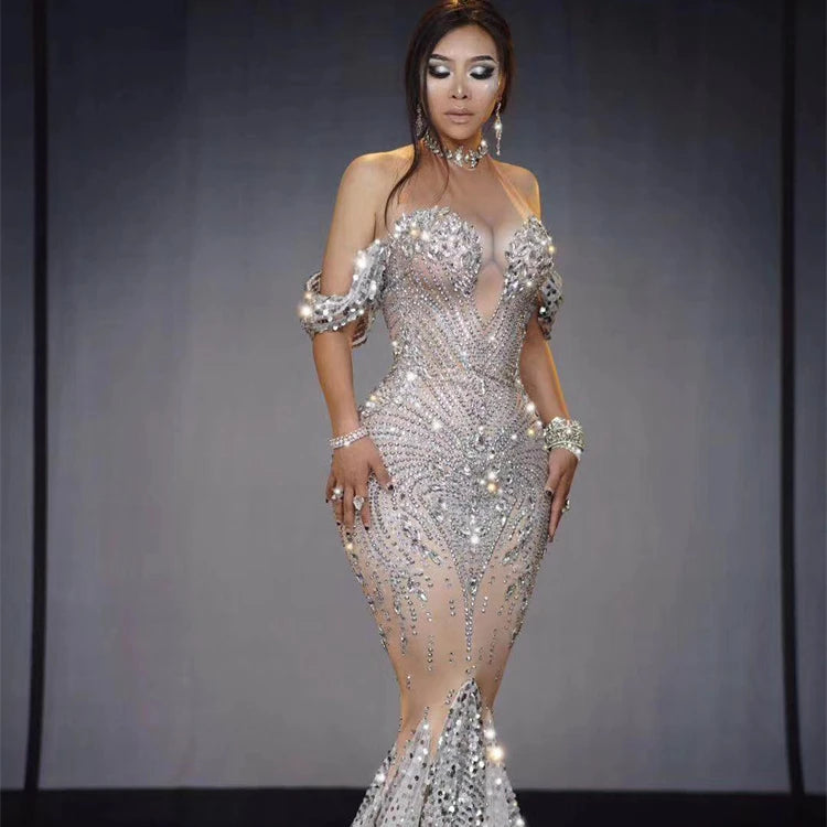 2023 Custom Organza Beaded Strapless Catwalks Roupa Vestido Largo De Mujer Wedding Dress Gown Haute Couture Tailed Dress