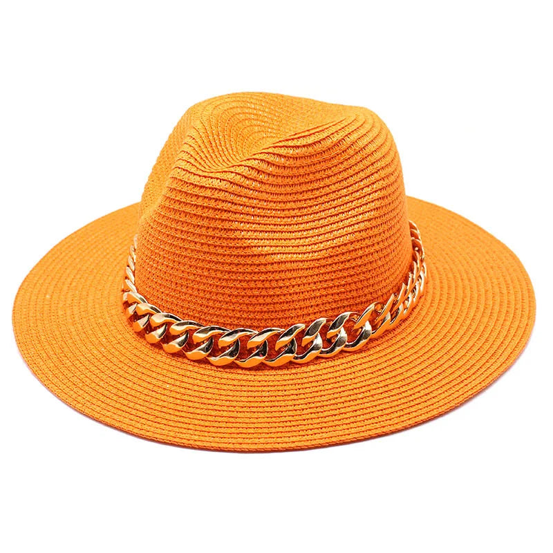 Wholesale Summer Women Straw Hat With Chain Female Fedora Jazz Hat Sun Beach Caps Travel Outdoor