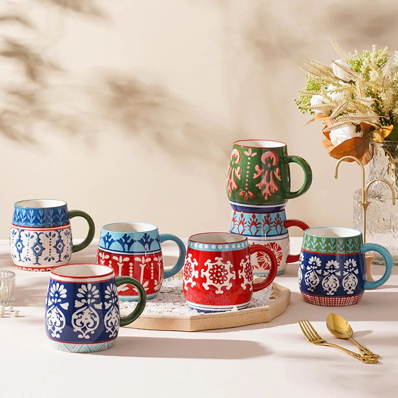 Wholesale Hand Painted Pastoral Large Capacity Ceramic Coffee Mug Creative Office Household Big Belly Cup
