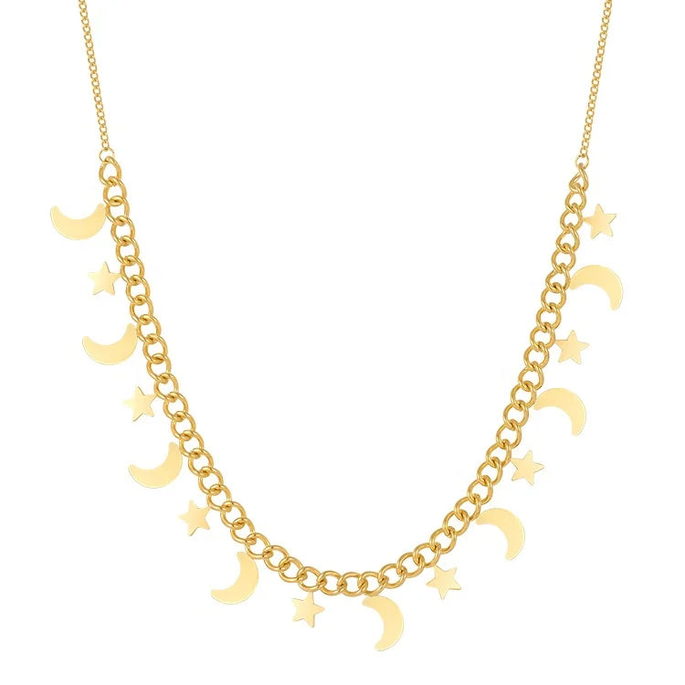 Latest High Quality 18K Gold Plated Stainless Steel Jewelry Moon and Star Thick Chain Charm Necklace P213194