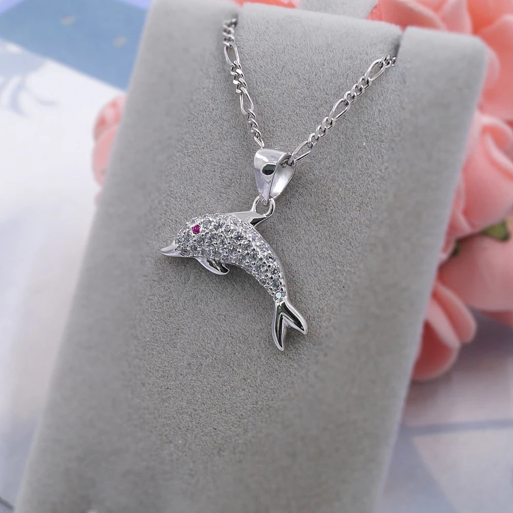 Fine Animal Charm Collection Designs Dolphin Necklace Charm Jewelry Silver Pendant 925 with CZ Stones