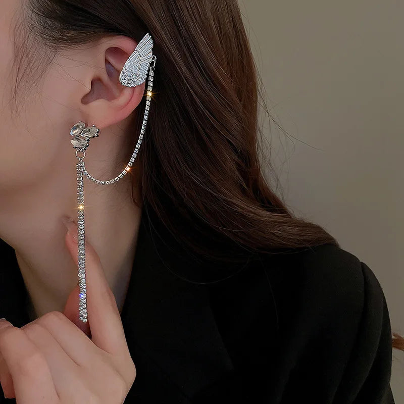 2022 New Silver Plated Angel Wing Stylist Crystal Long Tassel Drop Dangle Stud Ear Cuff Earring For Women Jewelry