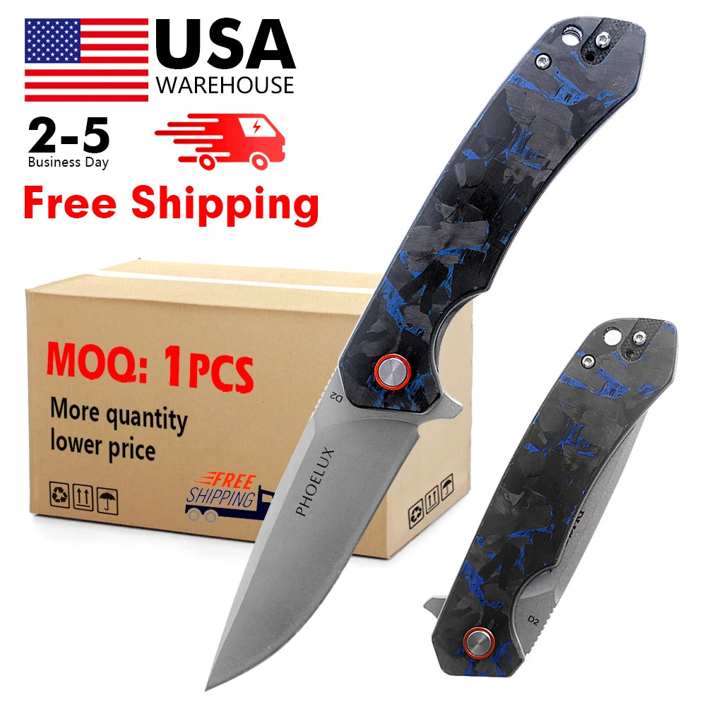 New Design D2 Blade with Carbon bar Handle Hunting Surrvial  Pocket Folding Knife for Camping
