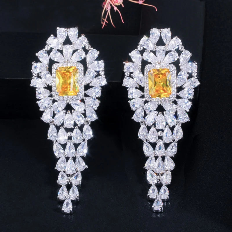 White Gold Plated Sparkly Square Bright Yellow CZ Stone Big Long Drop Earrings for Women Elegant Party Wedding Jewelry