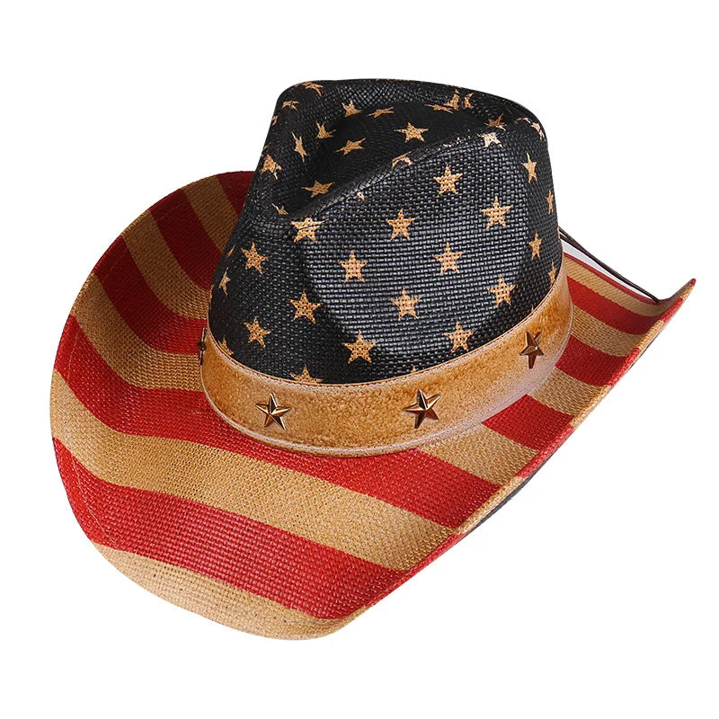Vacation Braided Spray Paint Cowboy Hat Flanging Hat Floppy Wide Brim Cowboy Straw Hat Beach