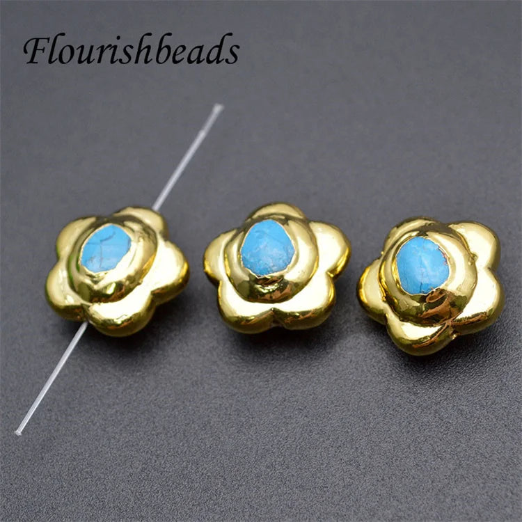 Wholesale Natural Gemstone Freeform Gold Plated Flower Shape Turquoise Stone Loose Beads for Jewelry Making