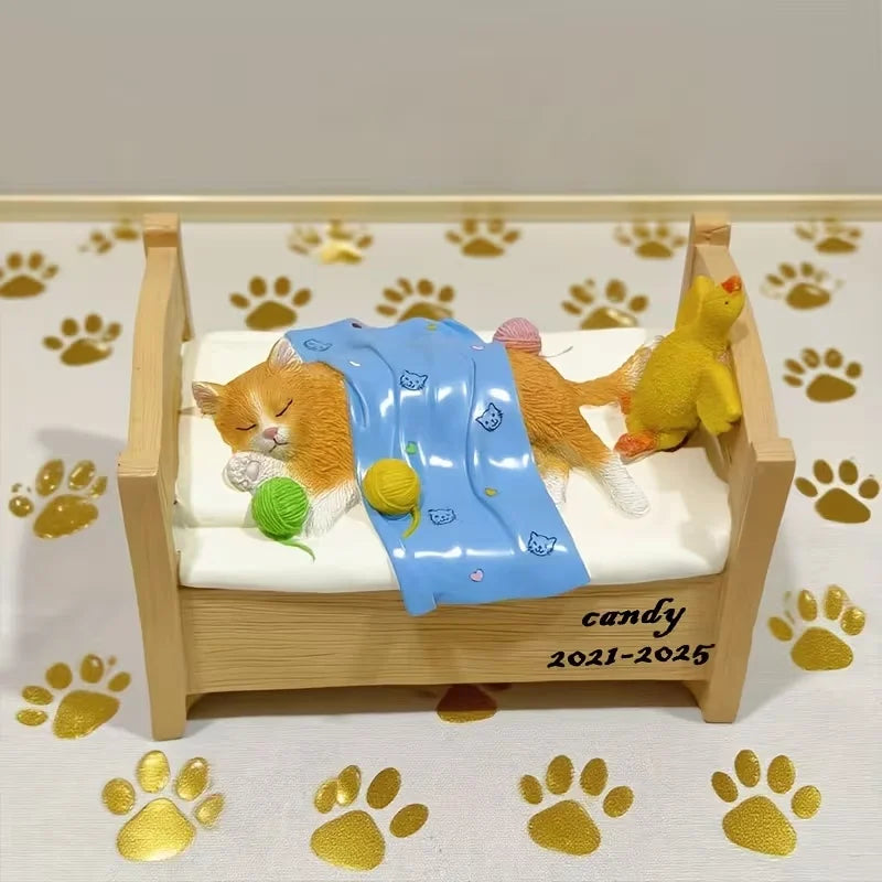 Resin Customizable Cat Bed Memorial Figurine UV-Printed Text-Easter Animal Theme for Feline Remembrance Home Shelf Decoration