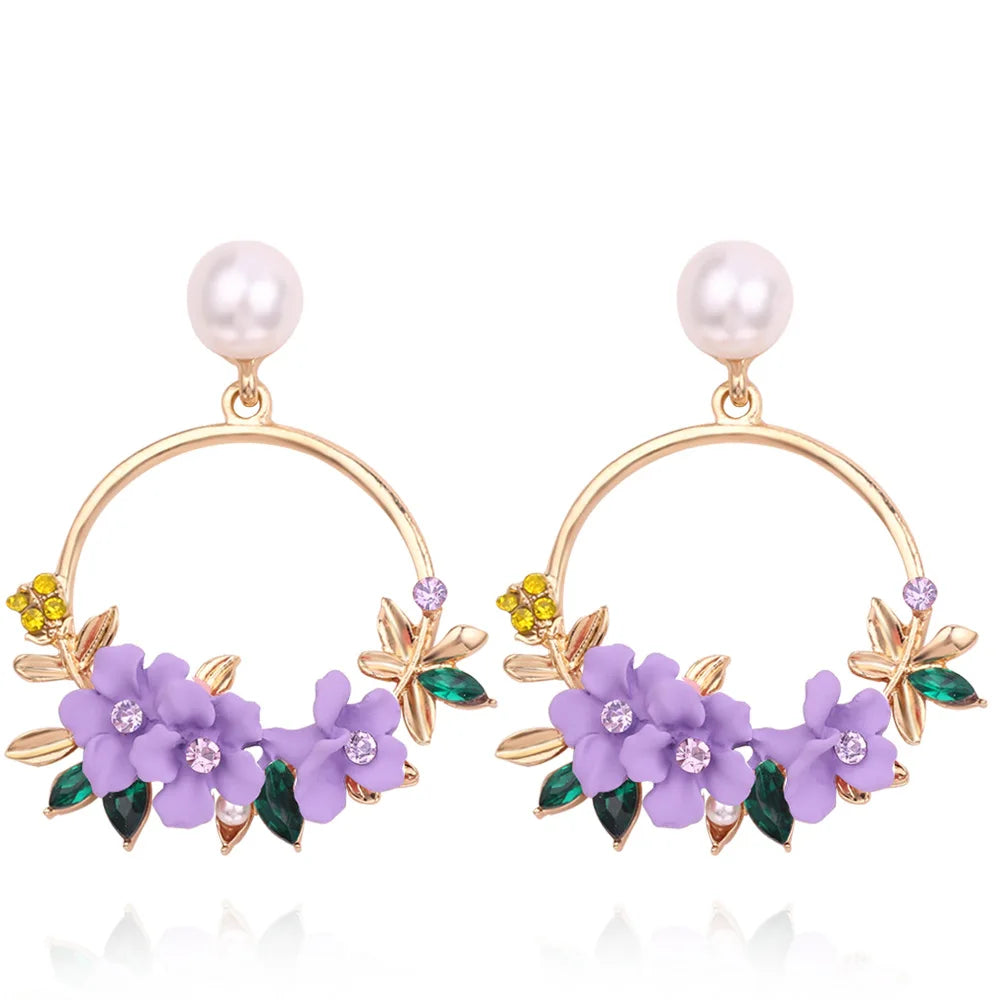AA01458 Trendy Round Circle Drop Earrings Cute Pink Flower Earrings for Women Girls Jewelry Female Rhinestone Gifts